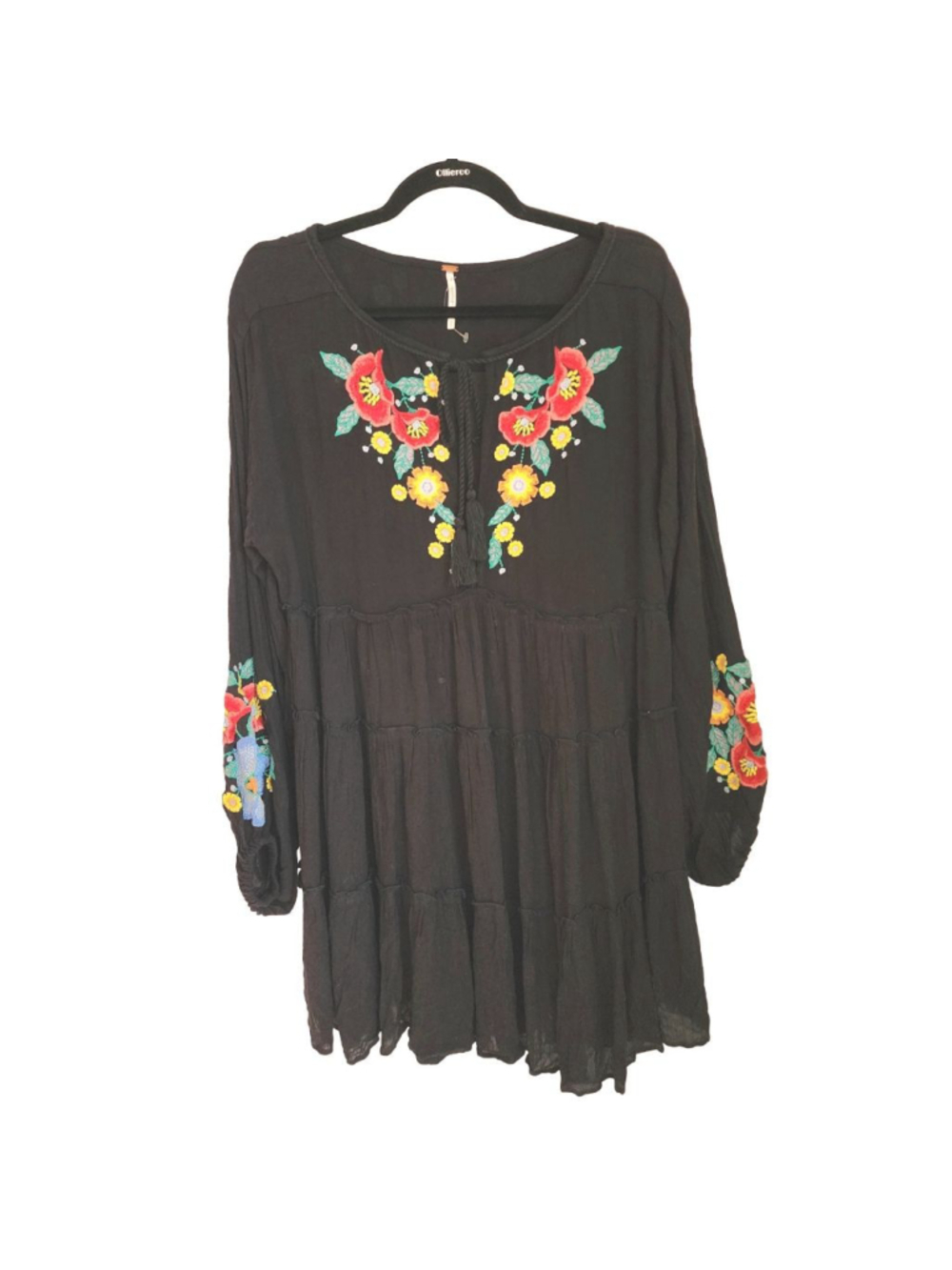 FREE PEOPLE Spell‎ On You Black Embroidered Long Sleeve Shift Mini Dress S - Picture 5 of 8